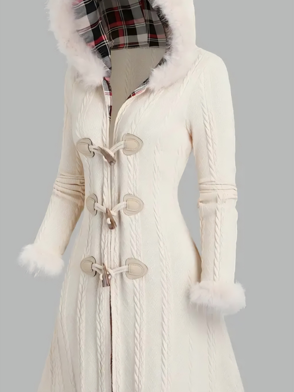 Women's Cream Hooded Knit Toggle Cardigan with Faux Fur Trim